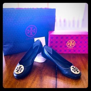 Tory Burch REVA BALLET FLATS BLK & GLD size 8